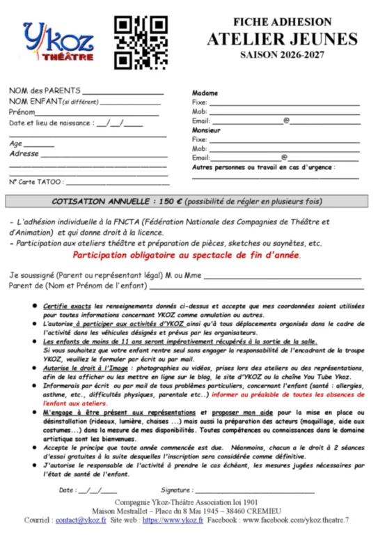 Fiche d'adhésion adultes